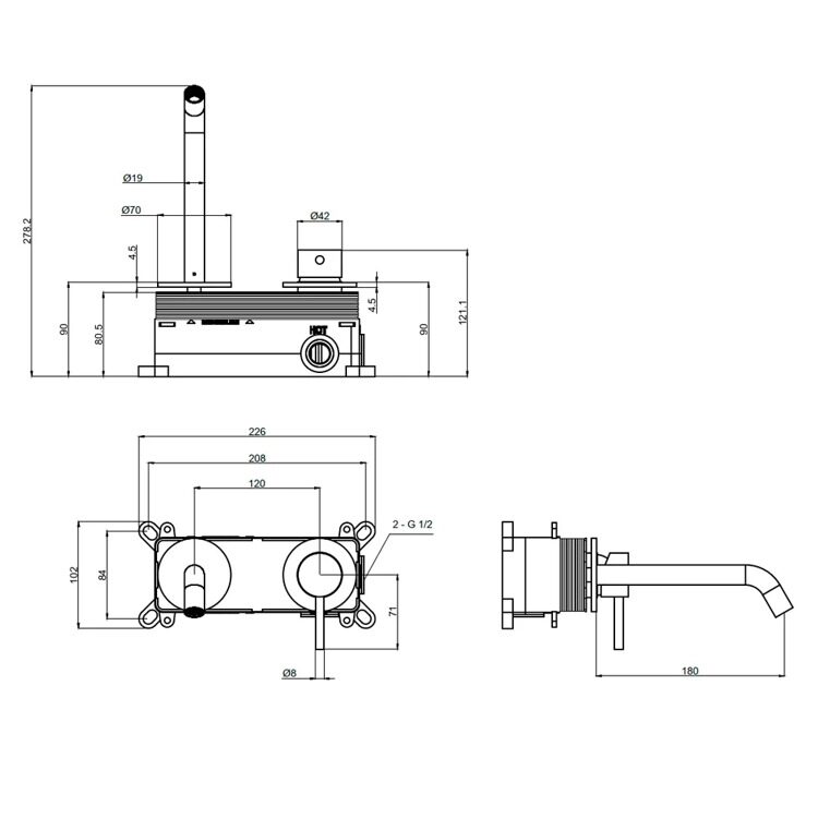 Смеситель для раковины на стену (комплект), глянцевое золото AQUAme Siena AQM6215GG